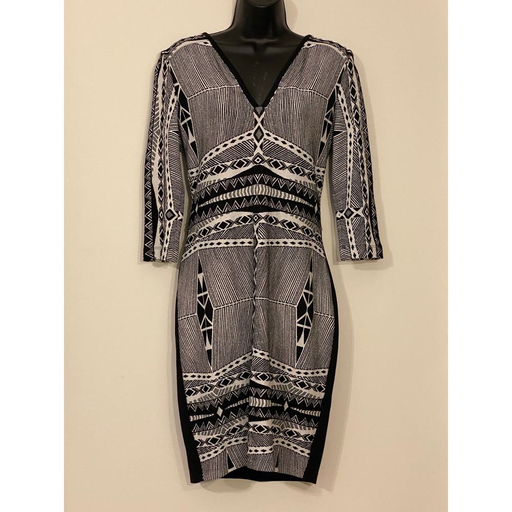 Yoana Baraschi Black White Geometric Knit Maasai Dress V-Neck 3/4 Sleeve Size M